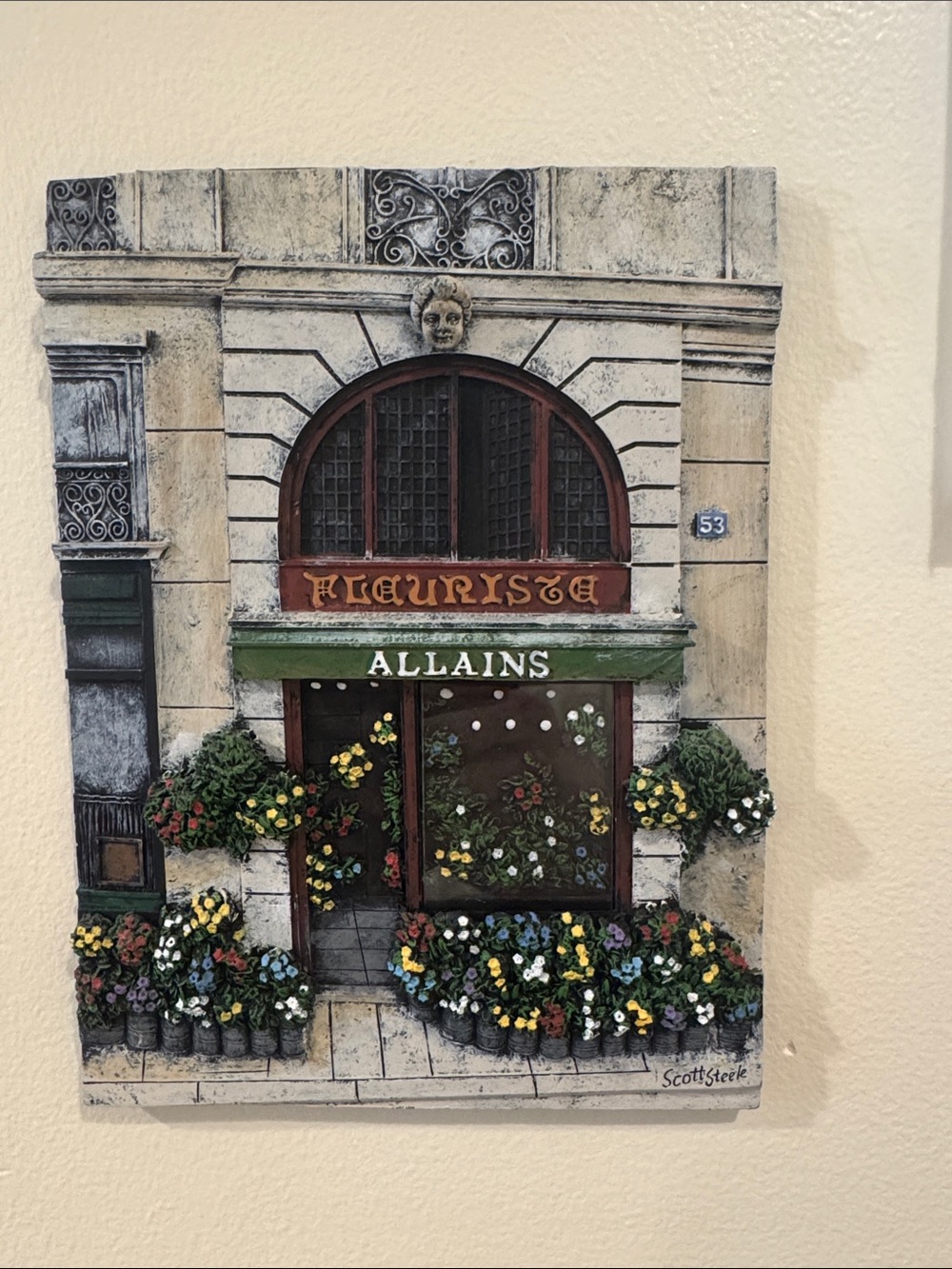 Scott Steele 3D resin wall art Plaque of a French Florist Shop